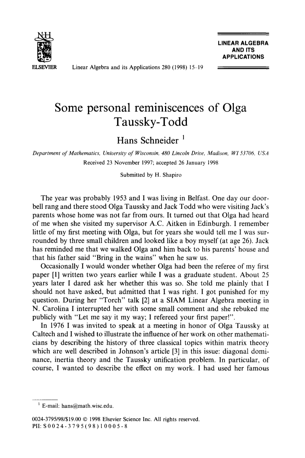 Some Personal Reminiscences of Olga Taussky-Todd