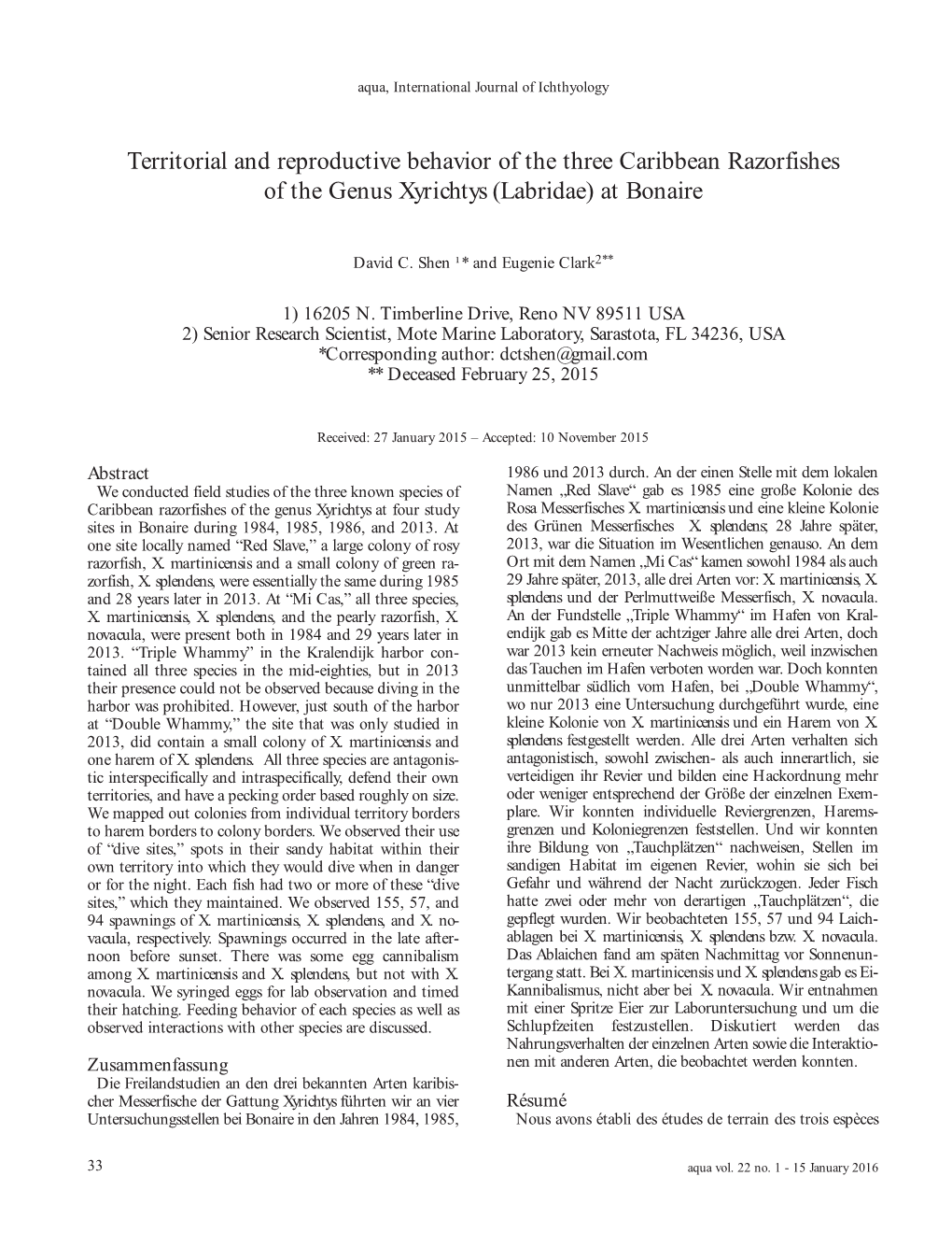 Territorial and Reproductive Behavior of the Three Caribbean Razorfishes of the Genus Xyrichtys (Labridae) at Bonaire