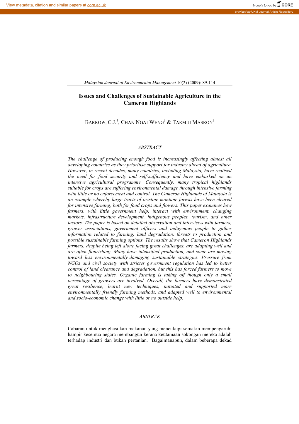 Issues and Challenges of Sustainable Agriculture in the Cameron Highlands