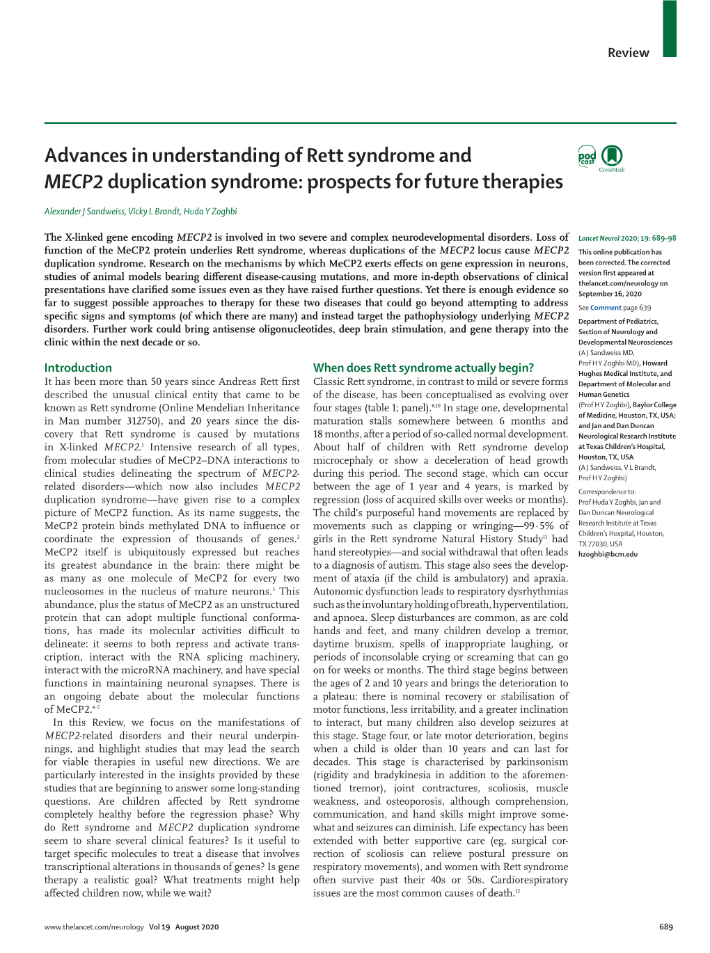 Advances in Understanding of Rett Syndrome and MECP2 Duplication Syndrome: Prospects for Future Therapies