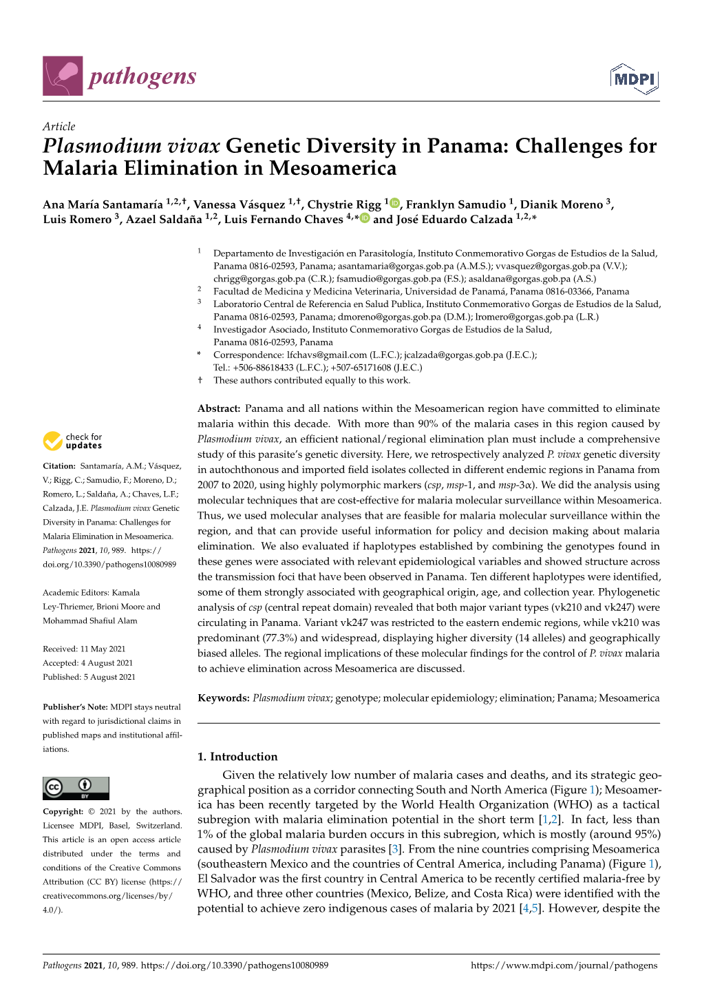 Plasmodium Vivax Genetic Diversity in Panama: Challenges for Malaria Elimination in Mesoamerica