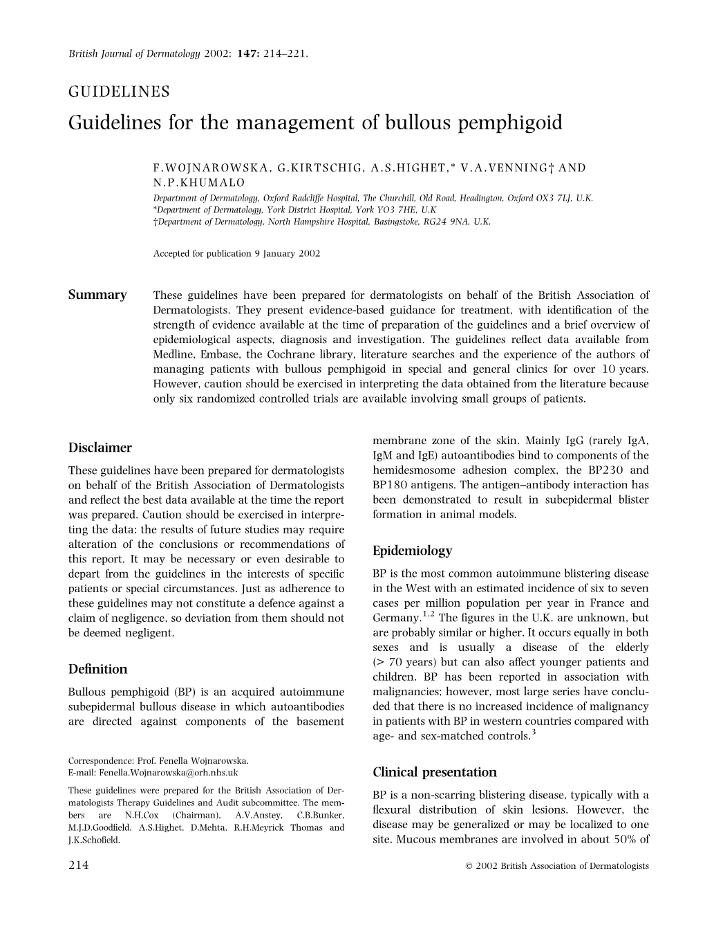 Guidelines for the Management of Bullous Pemphigoid