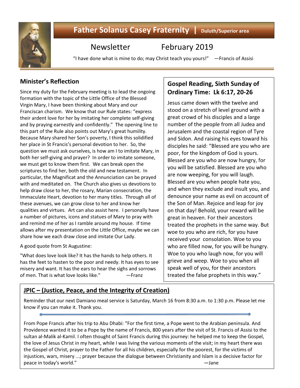 Newsletter February 2019 Father Solanus Casey