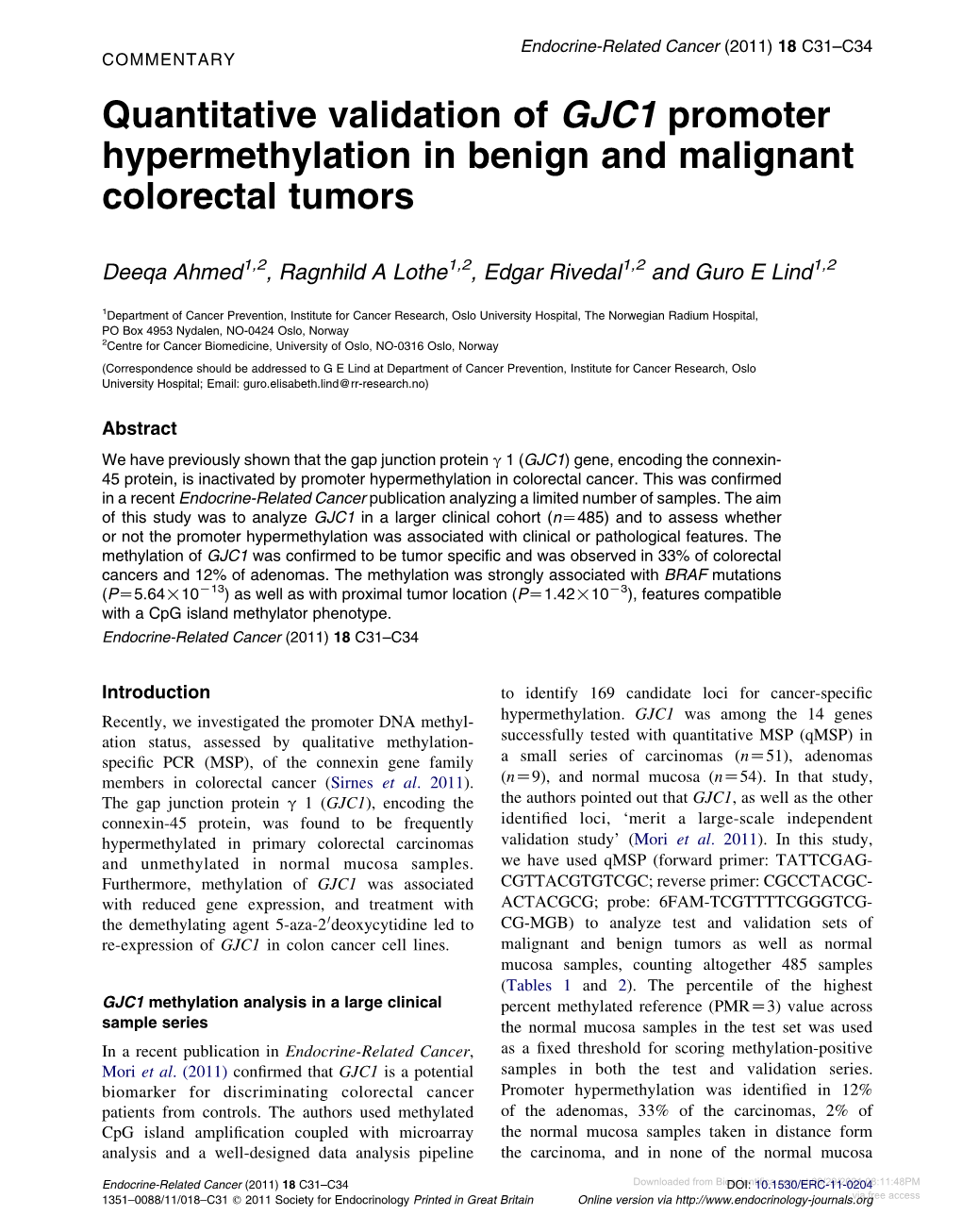 Quantitative Validation of GJC1 Promoter Hypermethylation in Benign and Malignant Colorectal Tumors