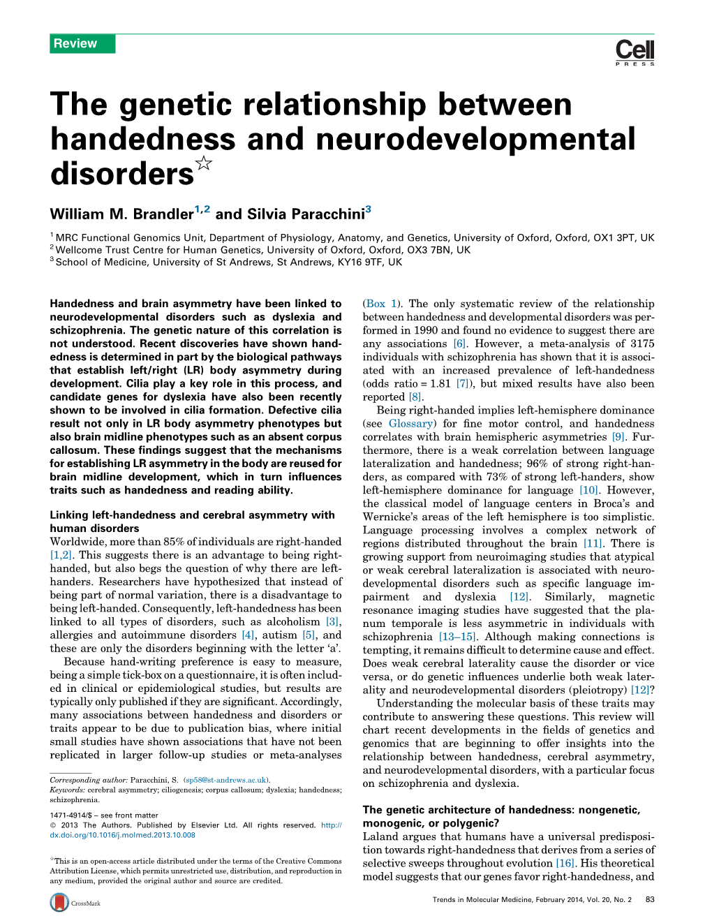 The Genetic Relationship Between Handedness and Neurodevelopmental Disorders§