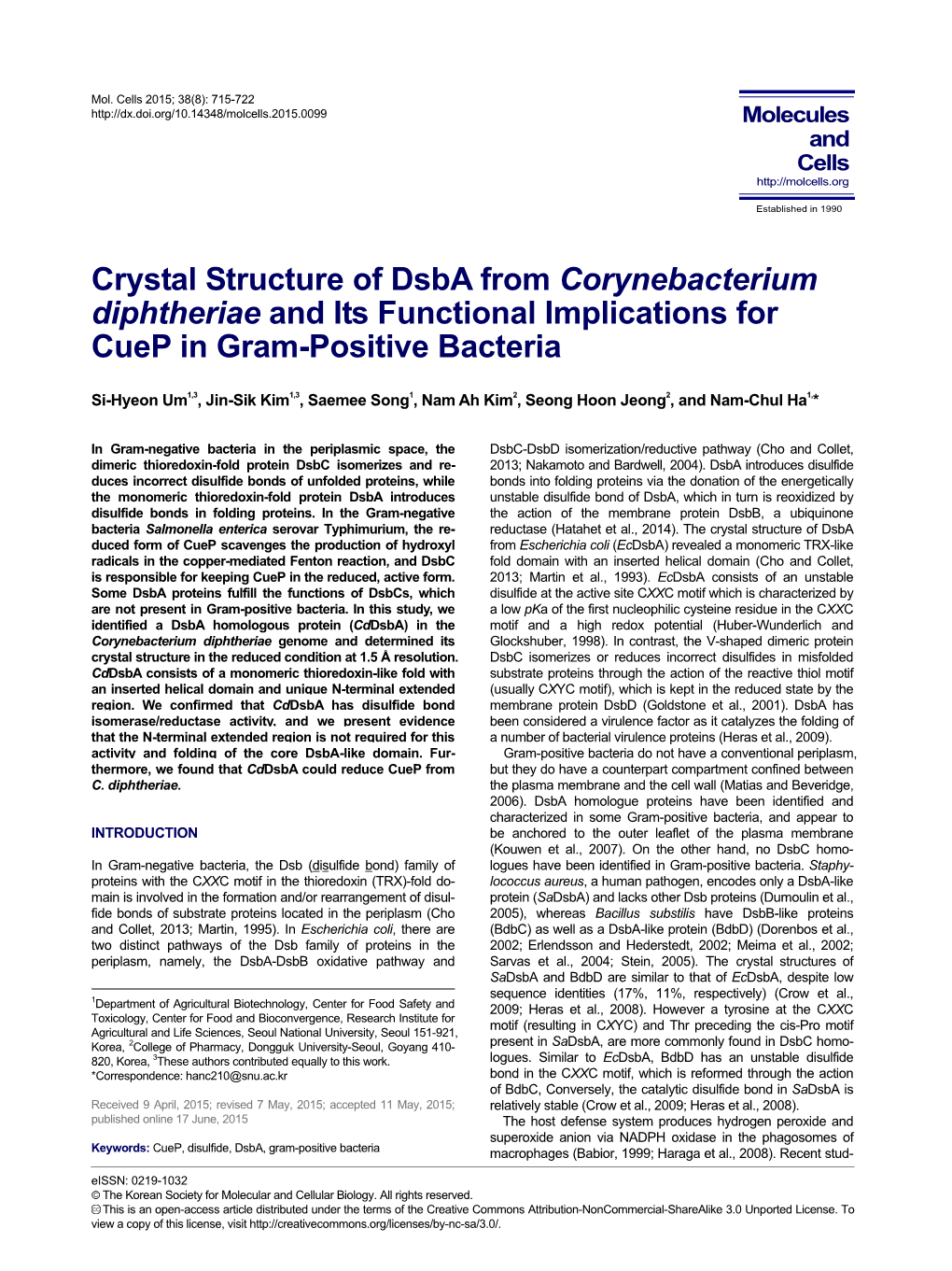 Crystal Structure of Dsba from Corynebacterium Diphtheriae and Its Functional Implications for Cuep in Gram-Positive Bacteria