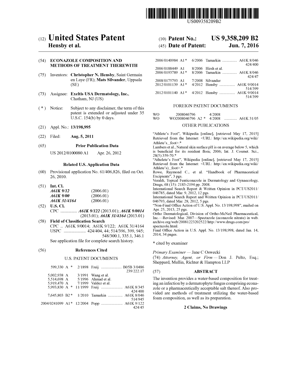 United States Patent (10) Patent No.: US 9,358,209 B2 Hensby Et Al