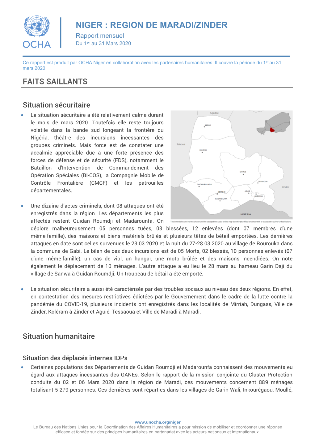 NIGER : REGION DE MARADI/ZINDER Rapport Mensuel Er Du 1 Au 31 Mars 2020