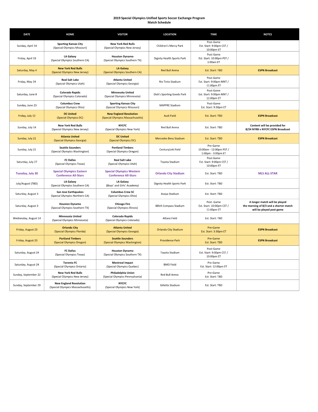 2019 Special Olympics Unified Sports Soccer Exchange Program Match Schedule