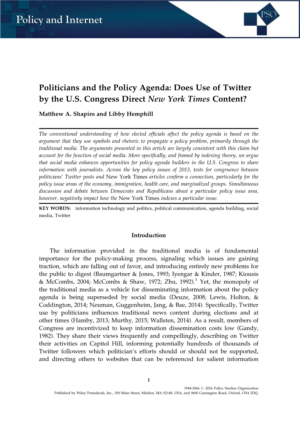 Politicians and the Policy Agenda: Does Use of Twitter by the U.S. Congress Direct New York Times Content?