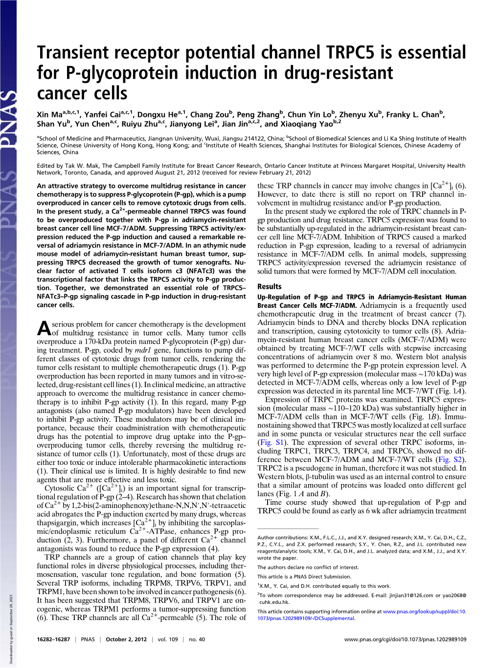 Transient Receptor Potential Channel TRPC5 Is Essential for P-Glycoprotein Induction in Drug-Resistant Cancer Cells