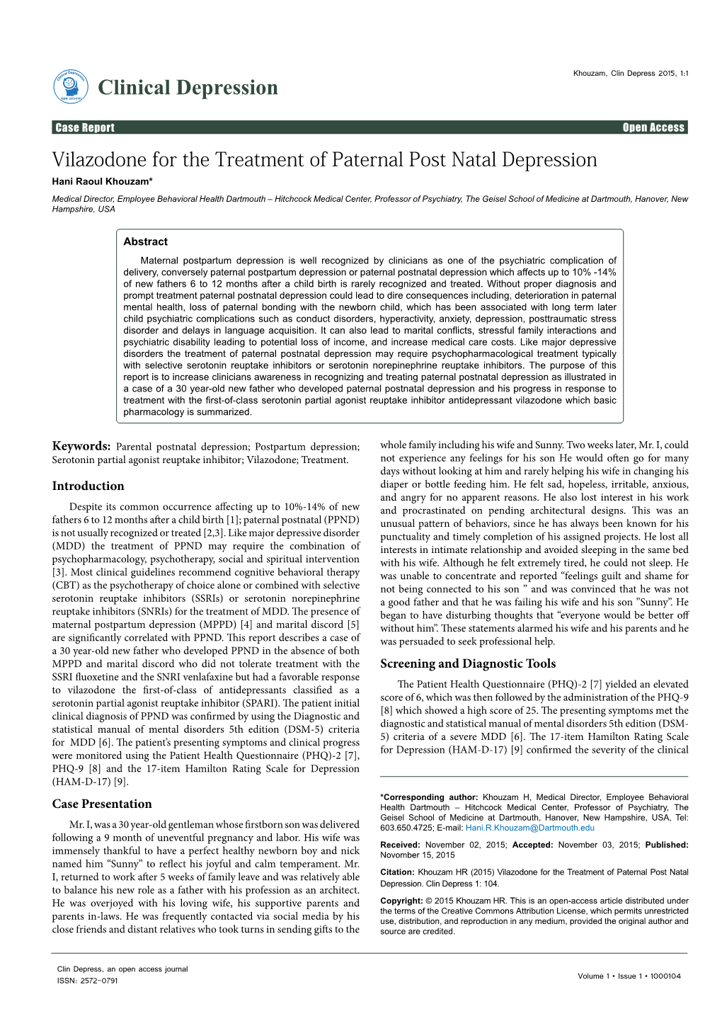 Vilazodone for the Treatment of Paternal Post Natal Depression