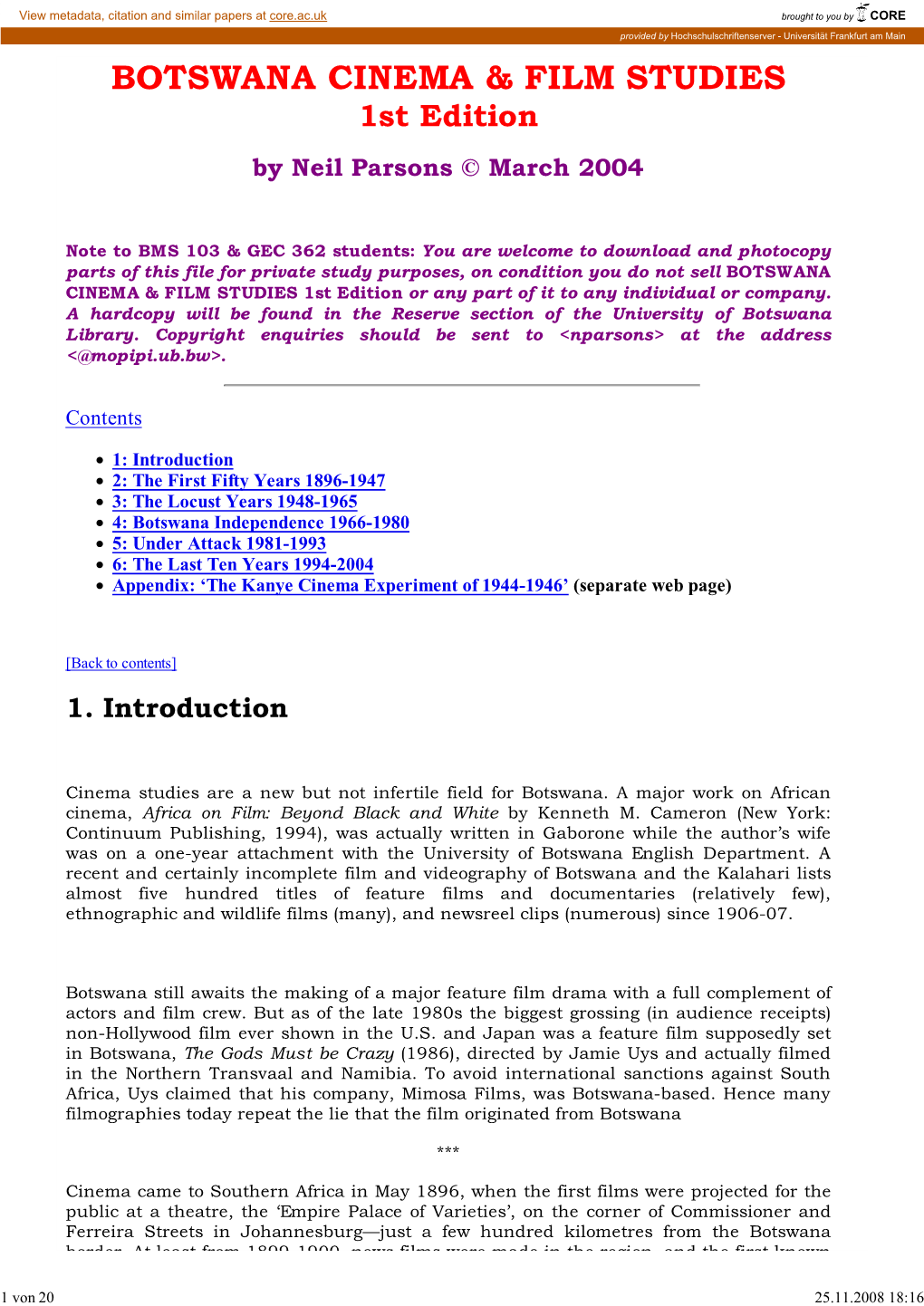 Botswana Cinema Studies View Metadata, Citation and Similar Papers at Core.Ac.Uk Brought to You by CORE