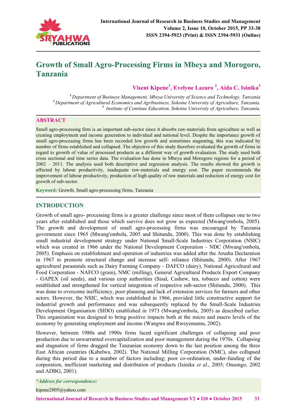 Growth of Small Agro-Processing Firms in Mbeya and Morogoro, Tanzania