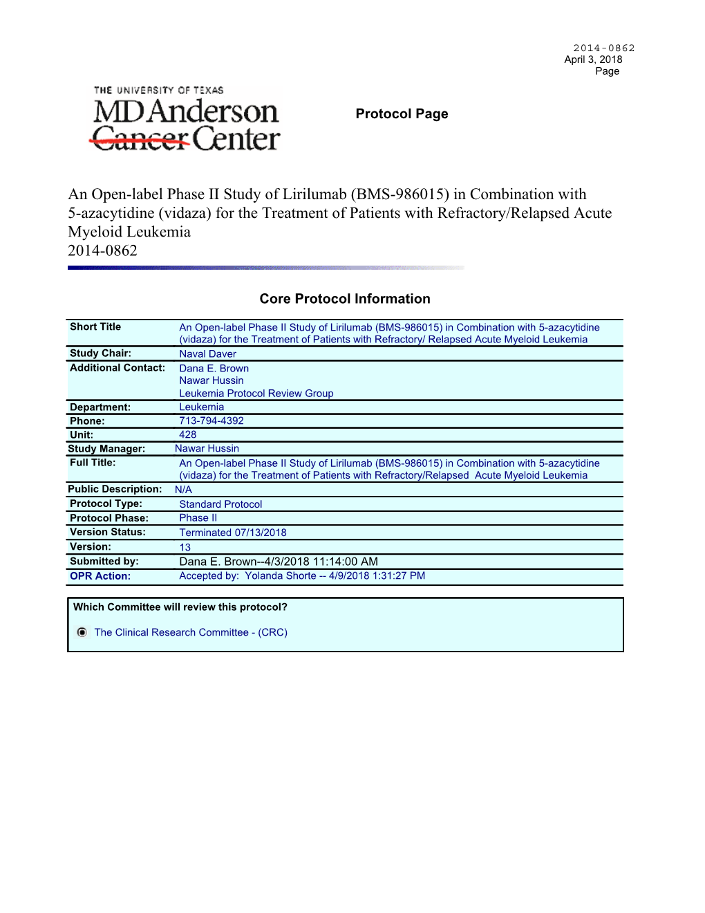 An Open-Label Phase II Study of Lirilumab (BMS