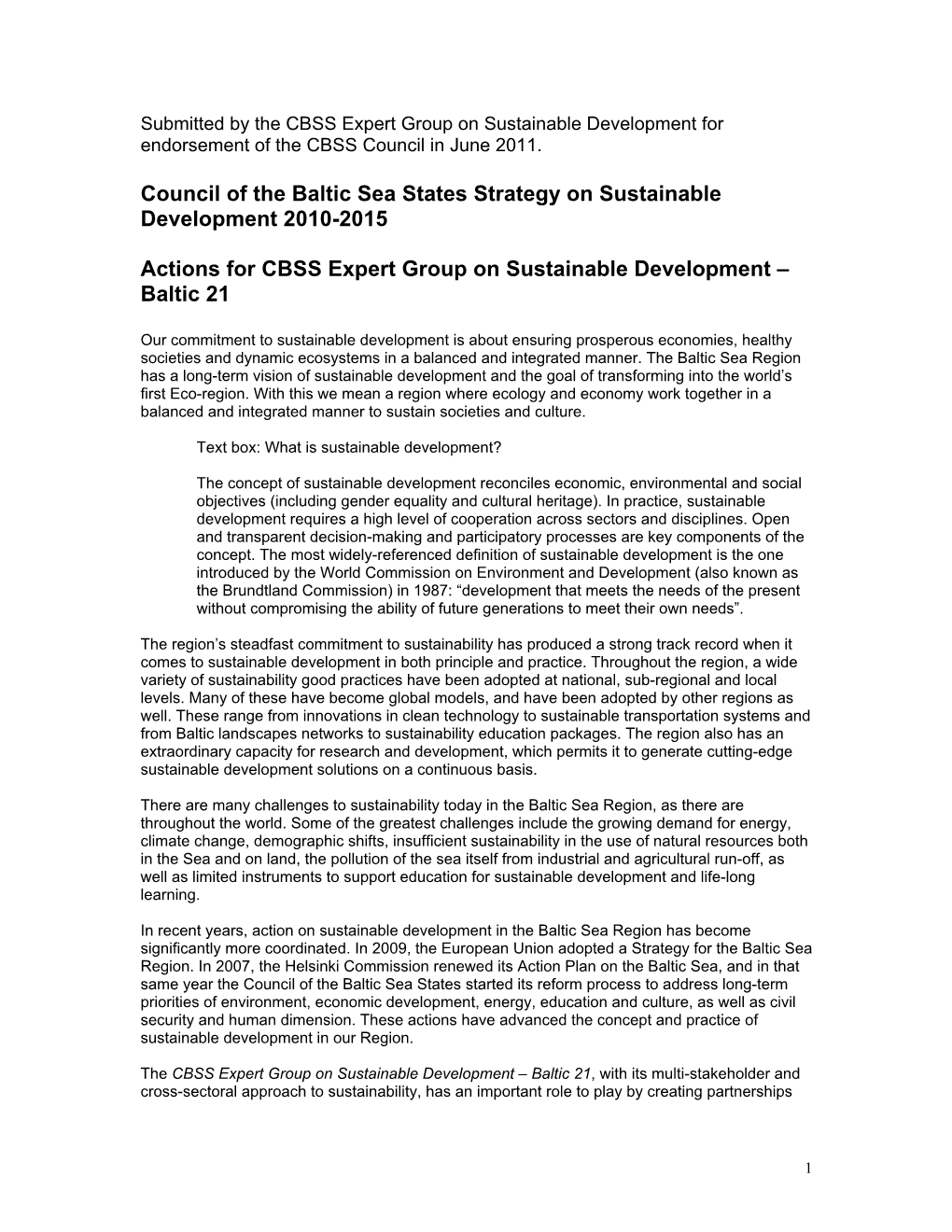 Council of the Baltic Sea States Strategy on Sustainable Development 2010-2015