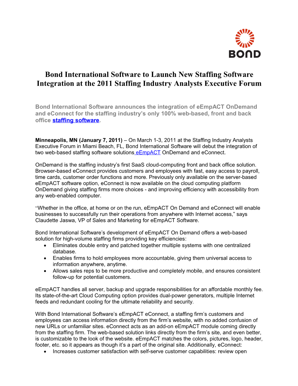 Bond International Software to Launch New Staffing Software Integration at the 2011 Staffing