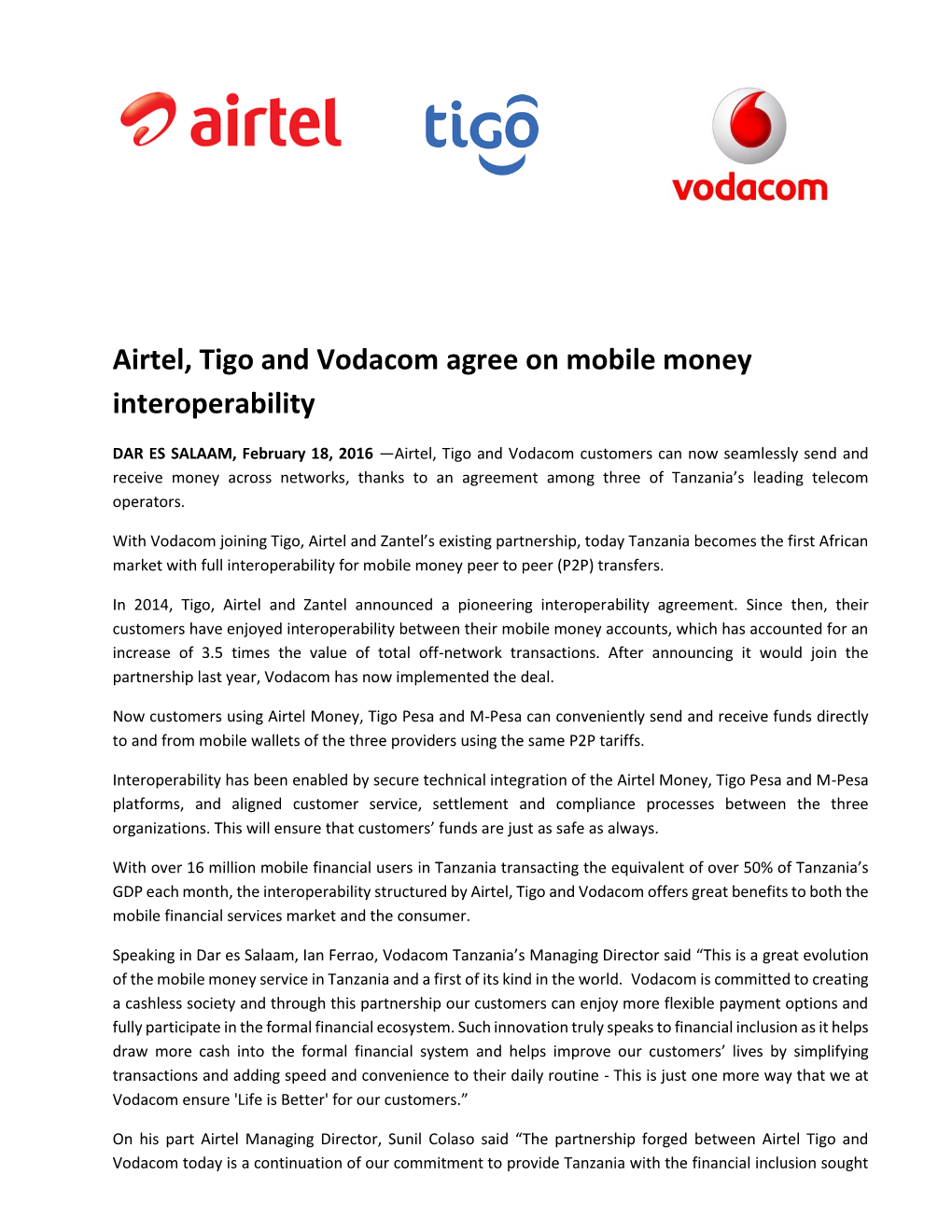 Airtel, Tigo and Vodacom Agree on Mobile Money Interoperability