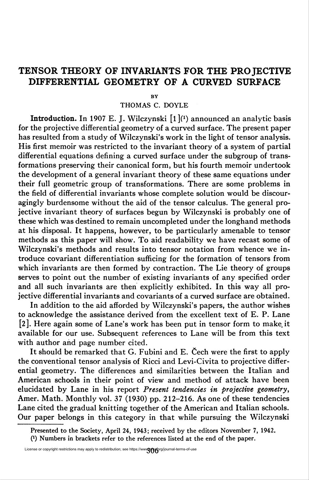 Tensor Theory of Invariants for the Pro Jective Differential Geometry of a Curved Surface