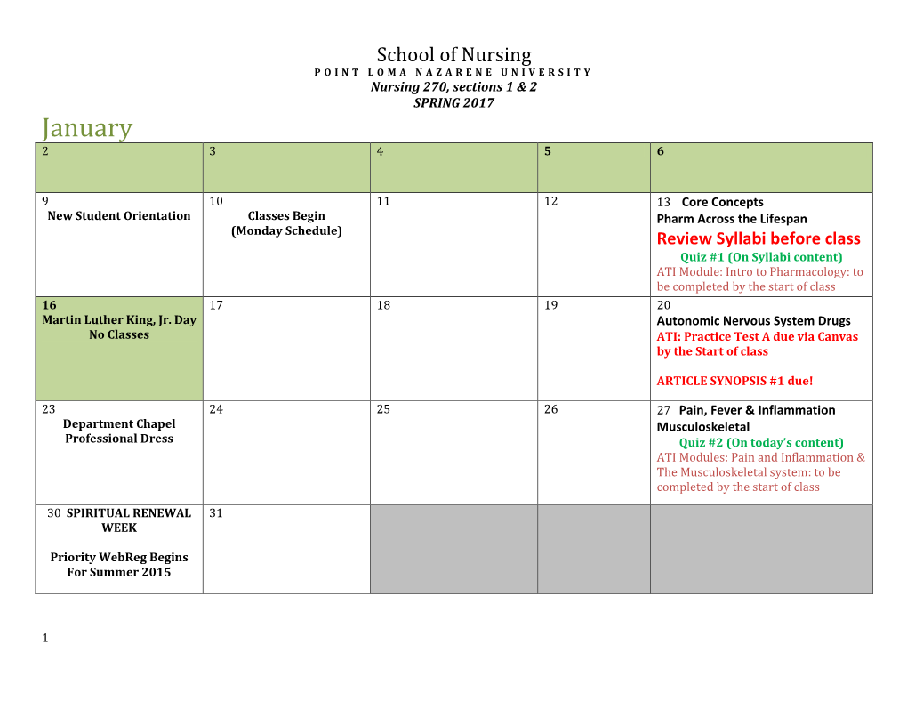 POINT LOMA NAZARENE UNIVERSITY Nursing 270, Sections 1 & 2 SPRING 2017 January 2 3 4 5 6