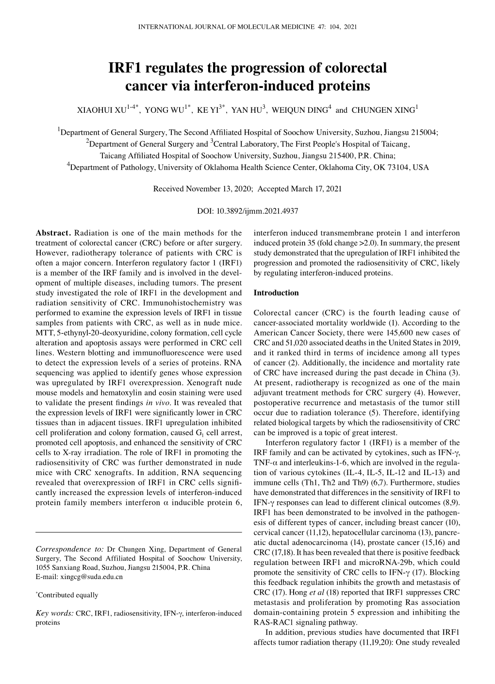 IRF1 Regulates the Progression of Colorectal Cancer Via Interferon‑Induced Proteins