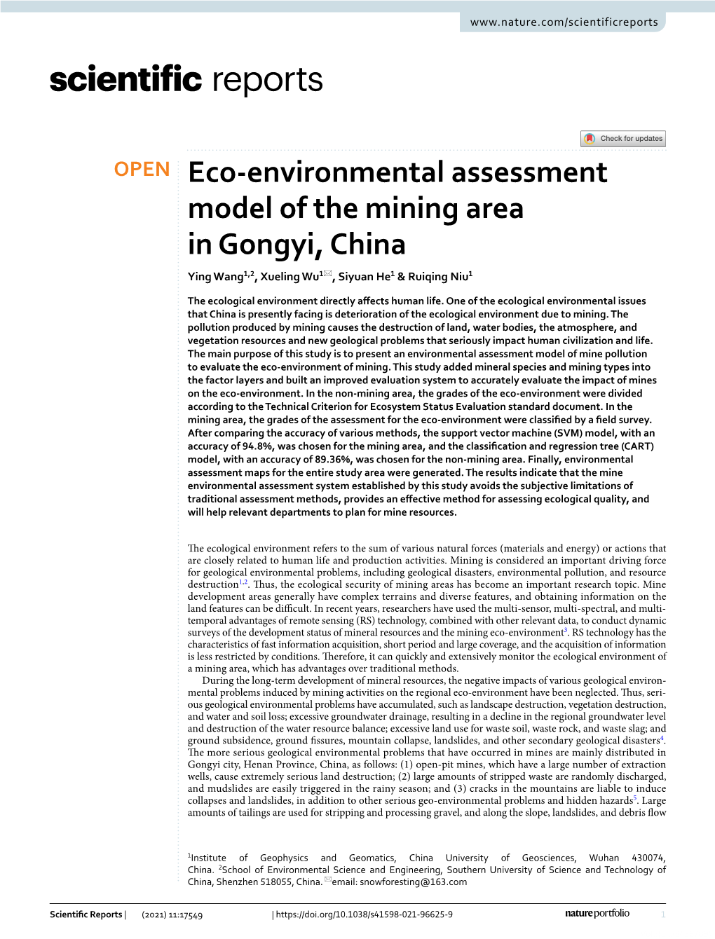 Eco-Environmental Assessment Model of the Mining Area in Gongyi, China