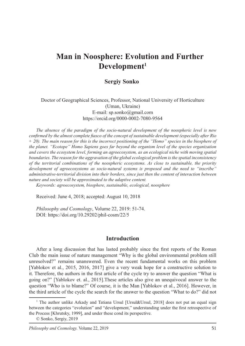 Man in Noosphere: Evolution and Further Development1