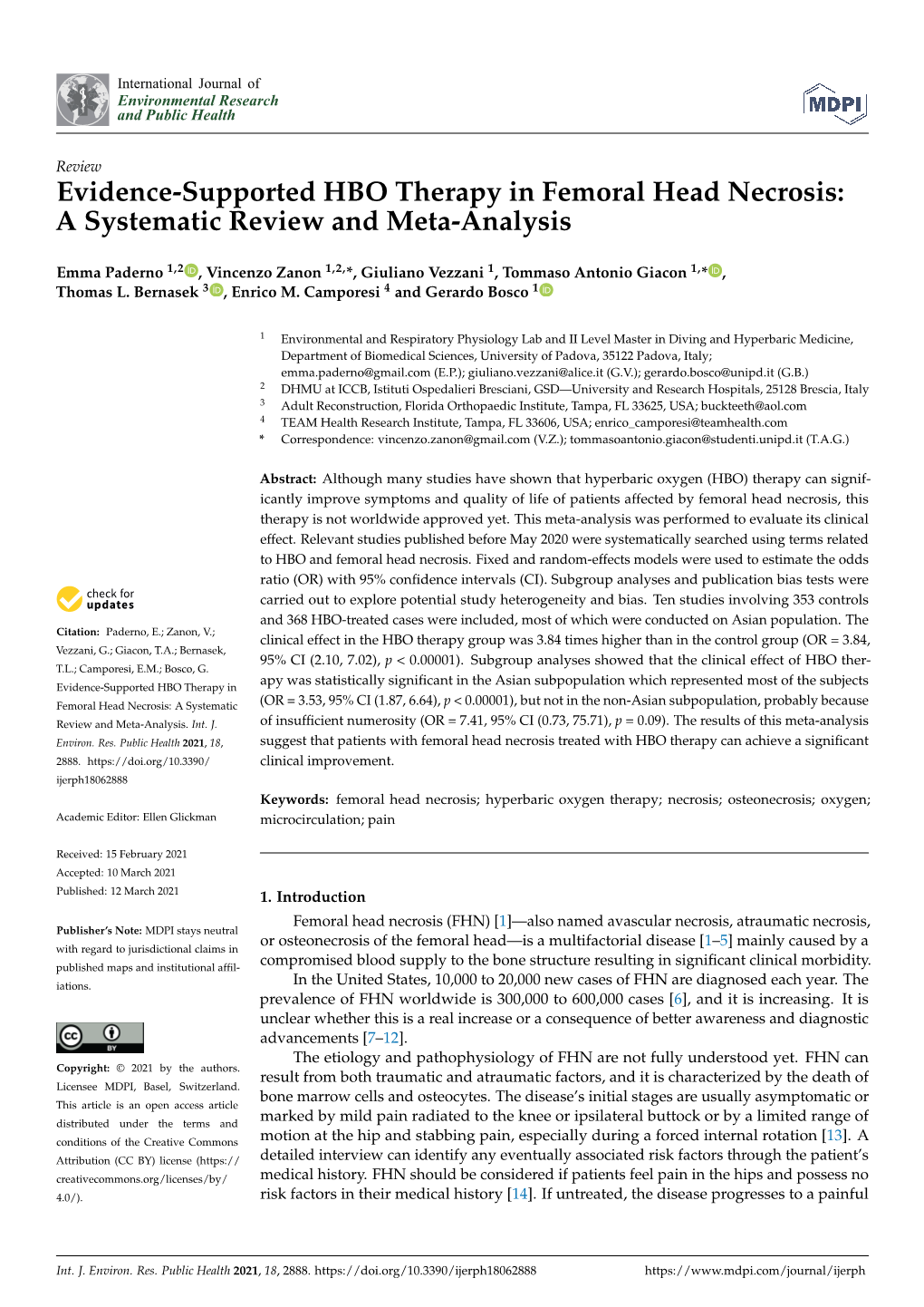 Evidence-Supported HBO Therapy in Femoral Head Necrosis: a Systematic Review and Meta-Analysis