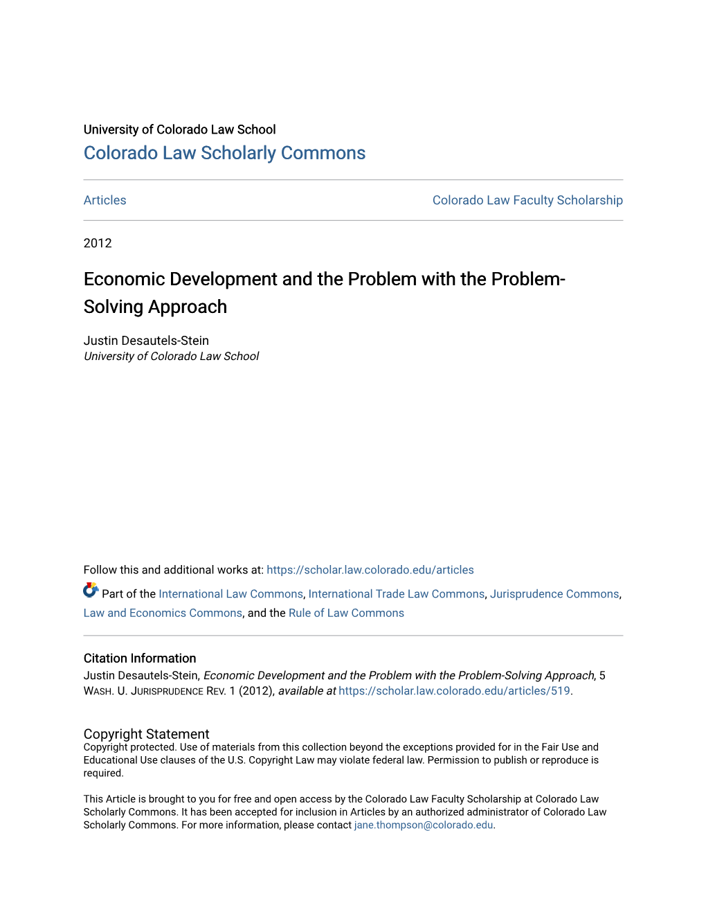 Economic Development and the Problem with the Problem-Solving Approach, 5 WASH