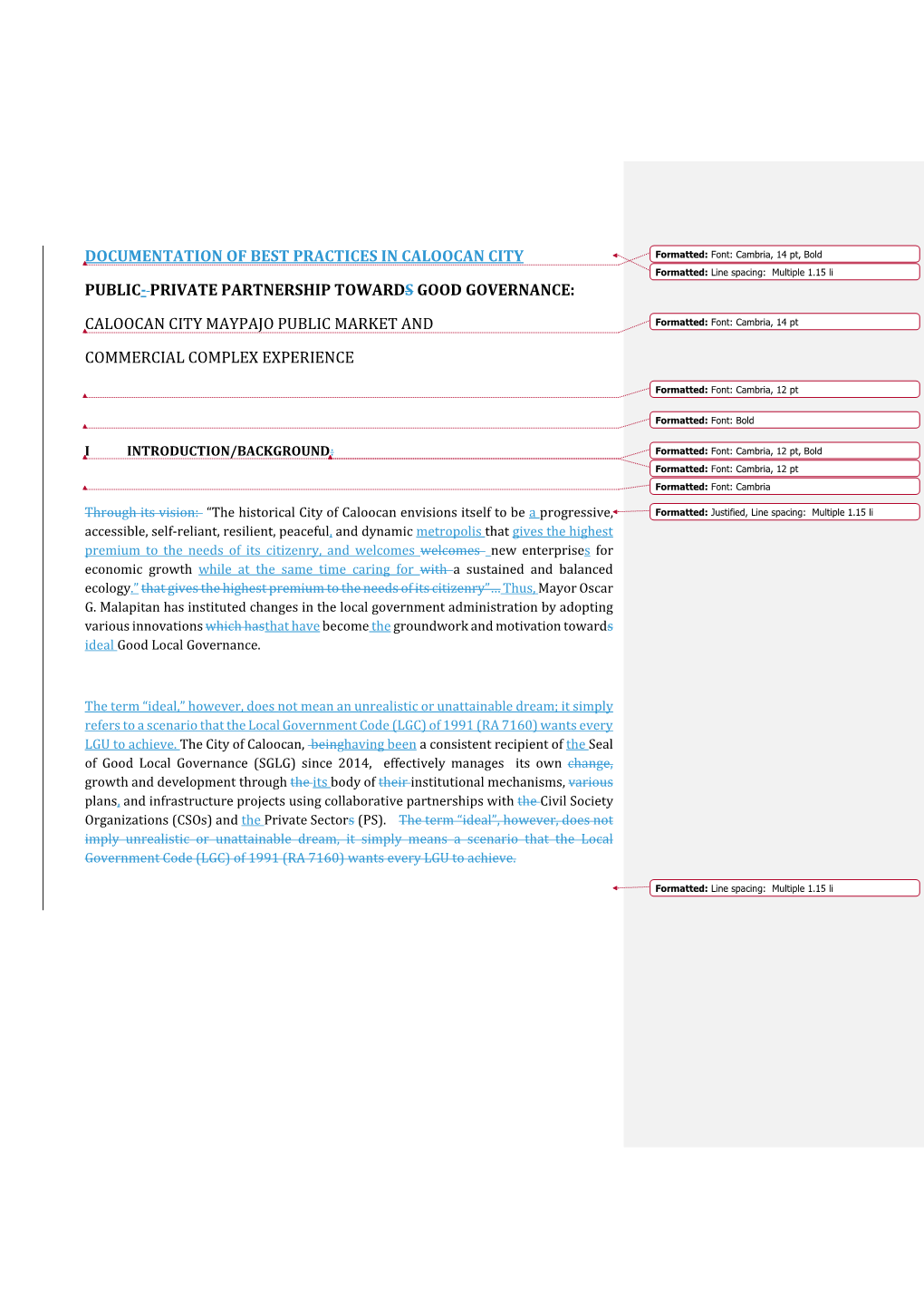 CALOOCAN CITY MAYPAJO PUBLIC MARKET and Formatted: Font: Cambria, 14 Pt