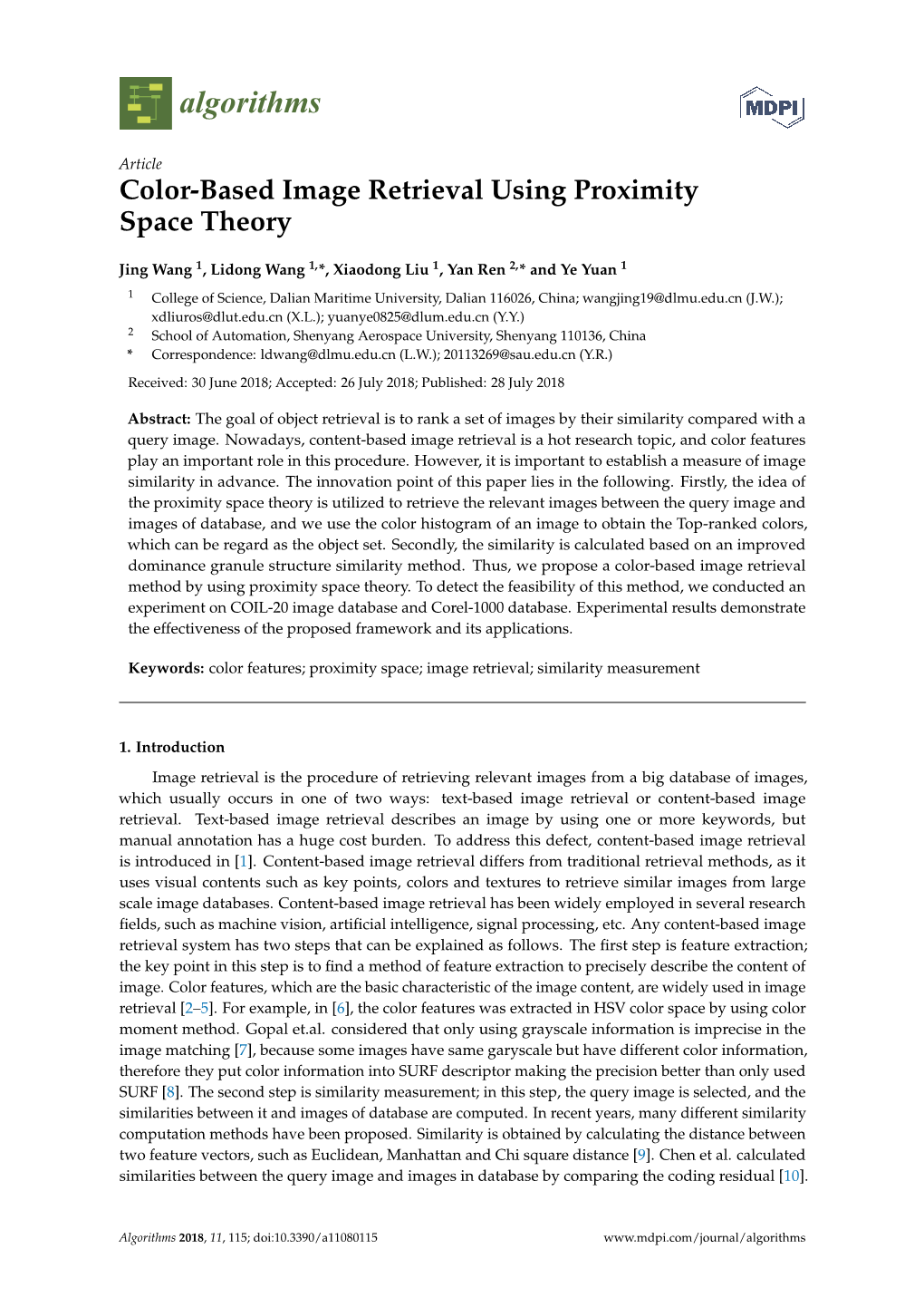 Color-Based Image Retrieval Using Proximity Space Theory