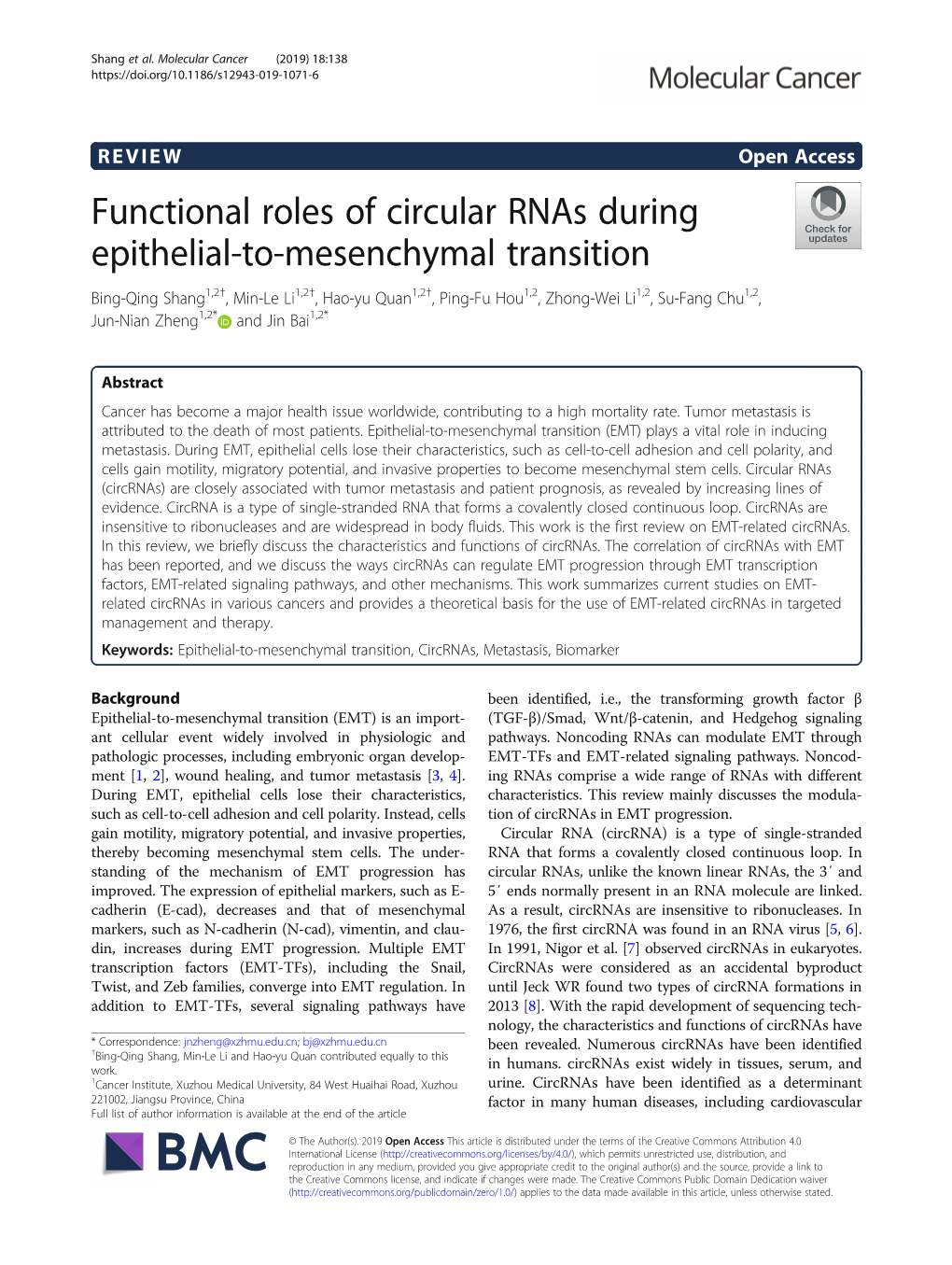 Functional Roles of Circular Rnas During Epithelial-To-Mesenchymal