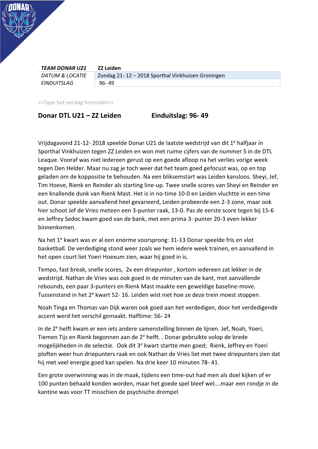 Donar DTL U21 – ZZ Leiden Einduitslag: 96- 49