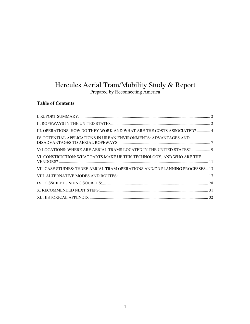 Hercules Aerial Tram/Mobility Study & Report