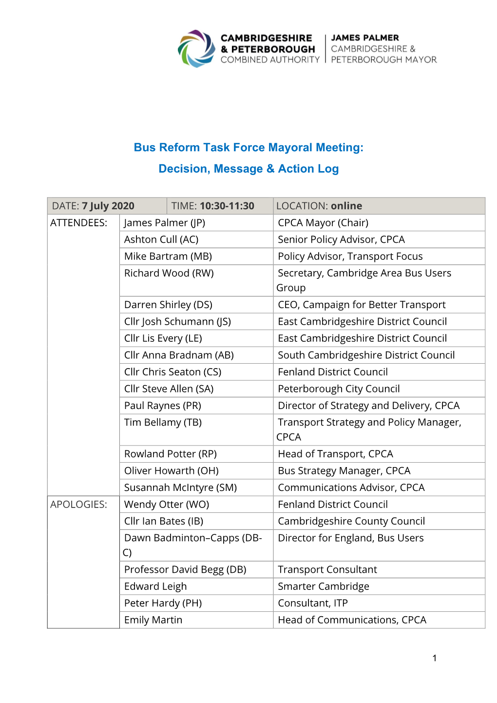 Bus Reform Task Force Mayoral Meeting: Decision, Message & Action Log