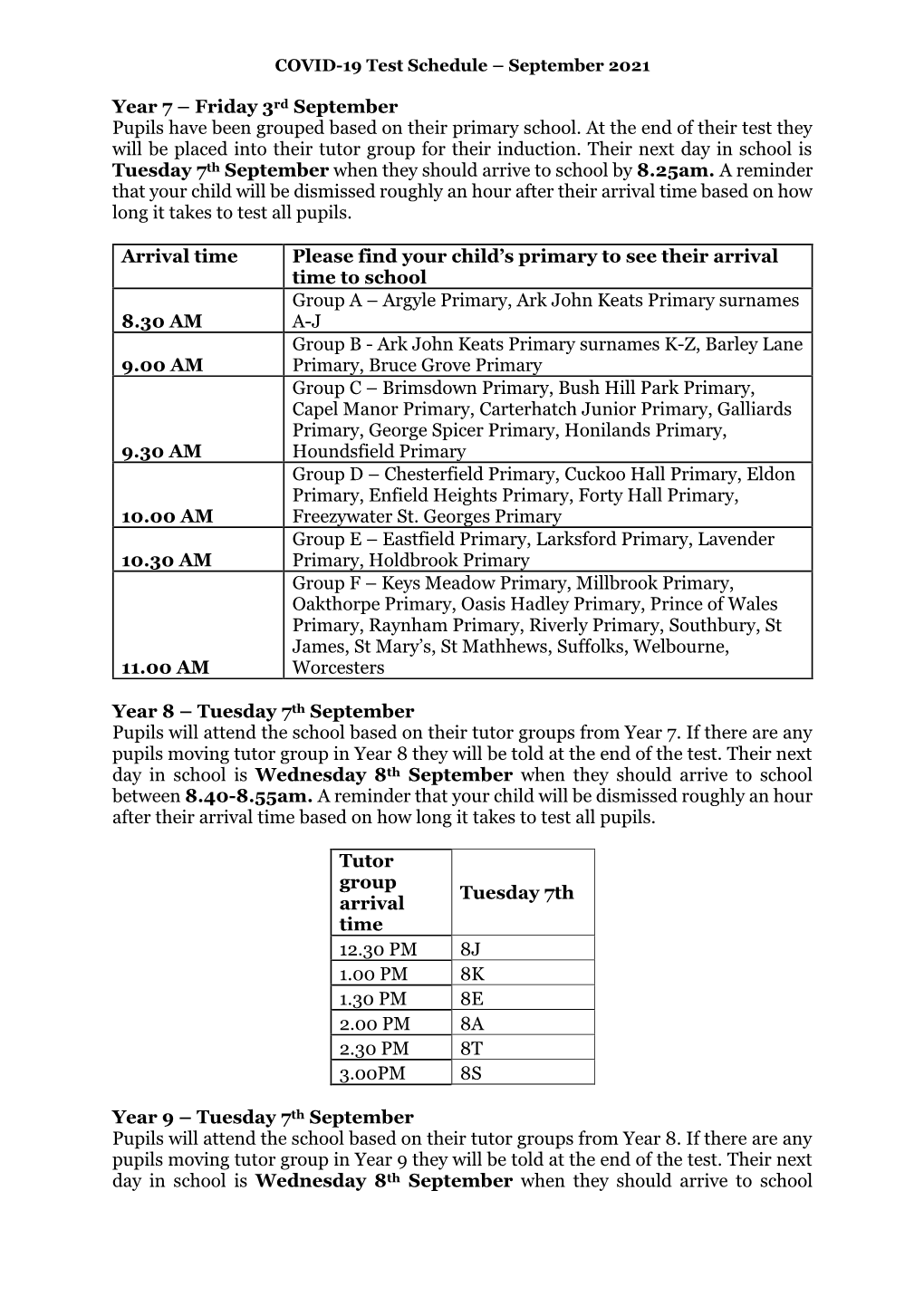 Year 7 – Friday 3Rd September Pupils Have Been Grouped Based on Their Primary School