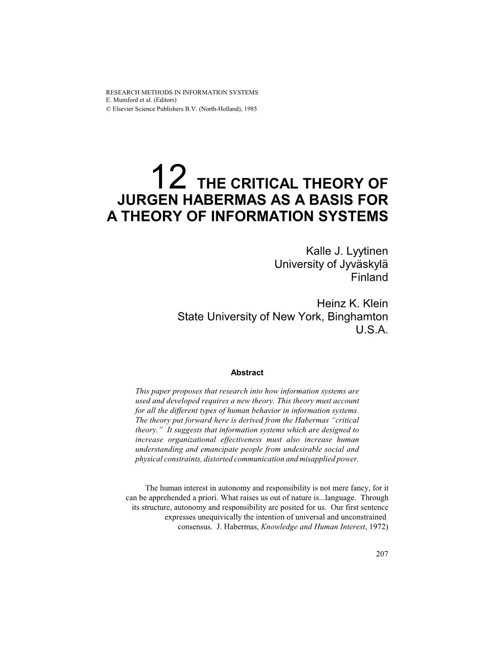 12 the Critical Theory of Jurgen Habermas As a Basis for a Theory of Information Systems