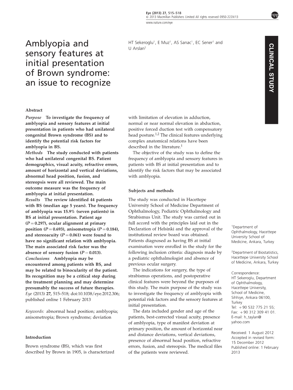 Amblyopia and Sensory Features at Initial Presentation Of