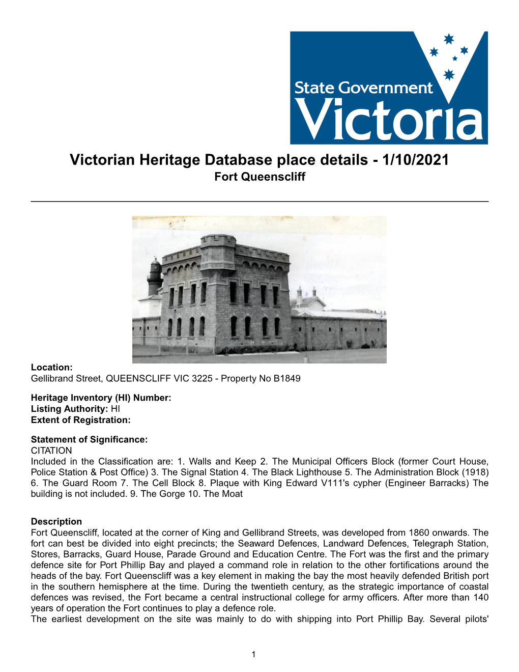 Victorian Heritage Database Place Details - 1/10/2021 Fort Queenscliff