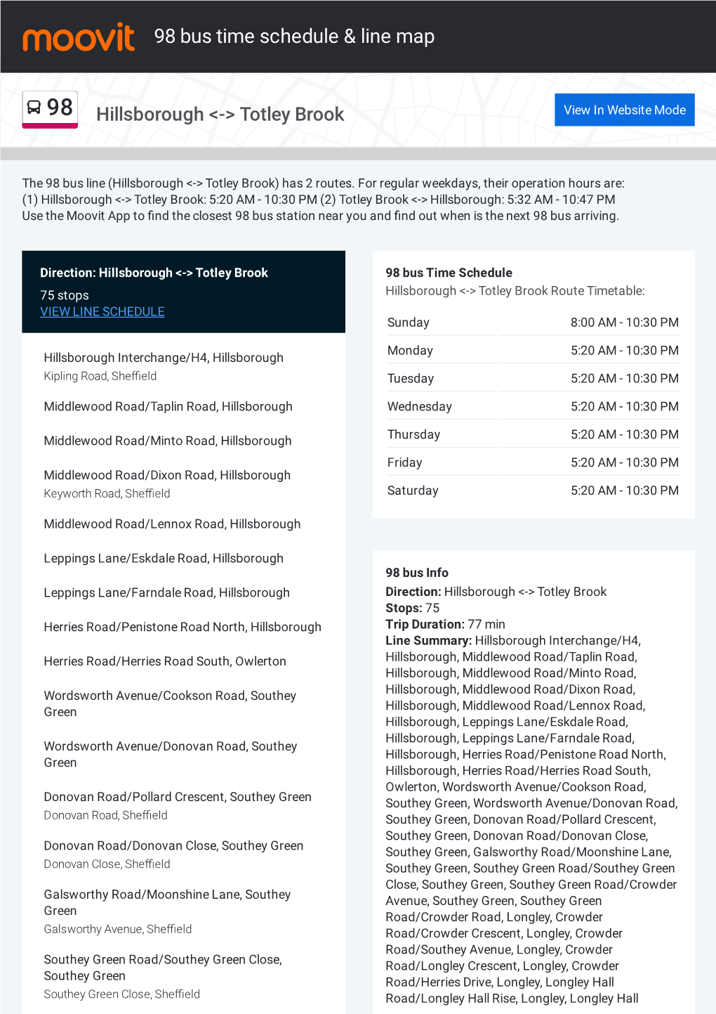 98 Bus Time Schedule & Line Route