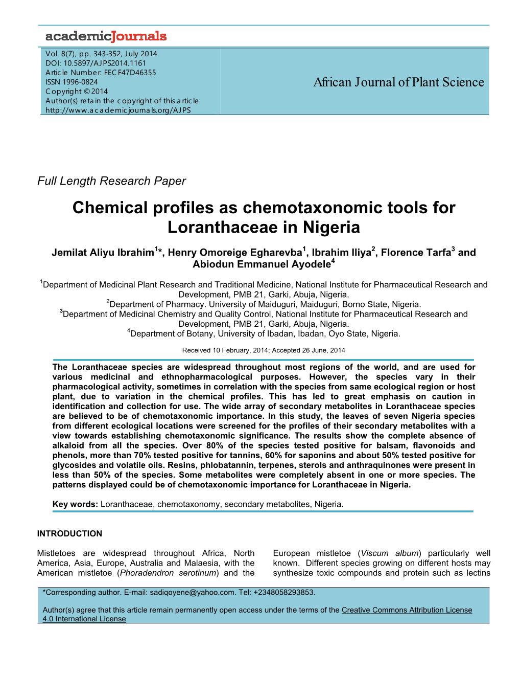 Chemical Profiles As Chemotaxonomic Tools for Loranthaceae in Nigeria