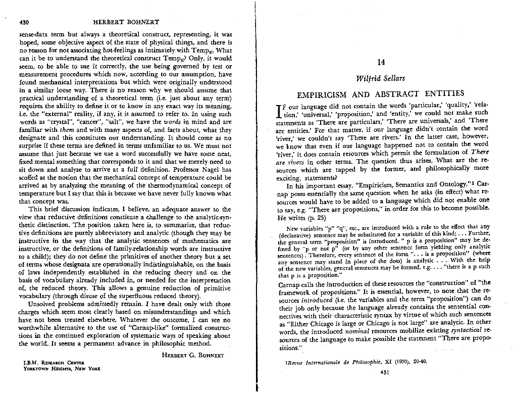 WILFRID SELLARS EMPIRICISM and ABSTRACT ENTITIES 433 in a More General Formulation of His Thesis, Carnap Writes (P