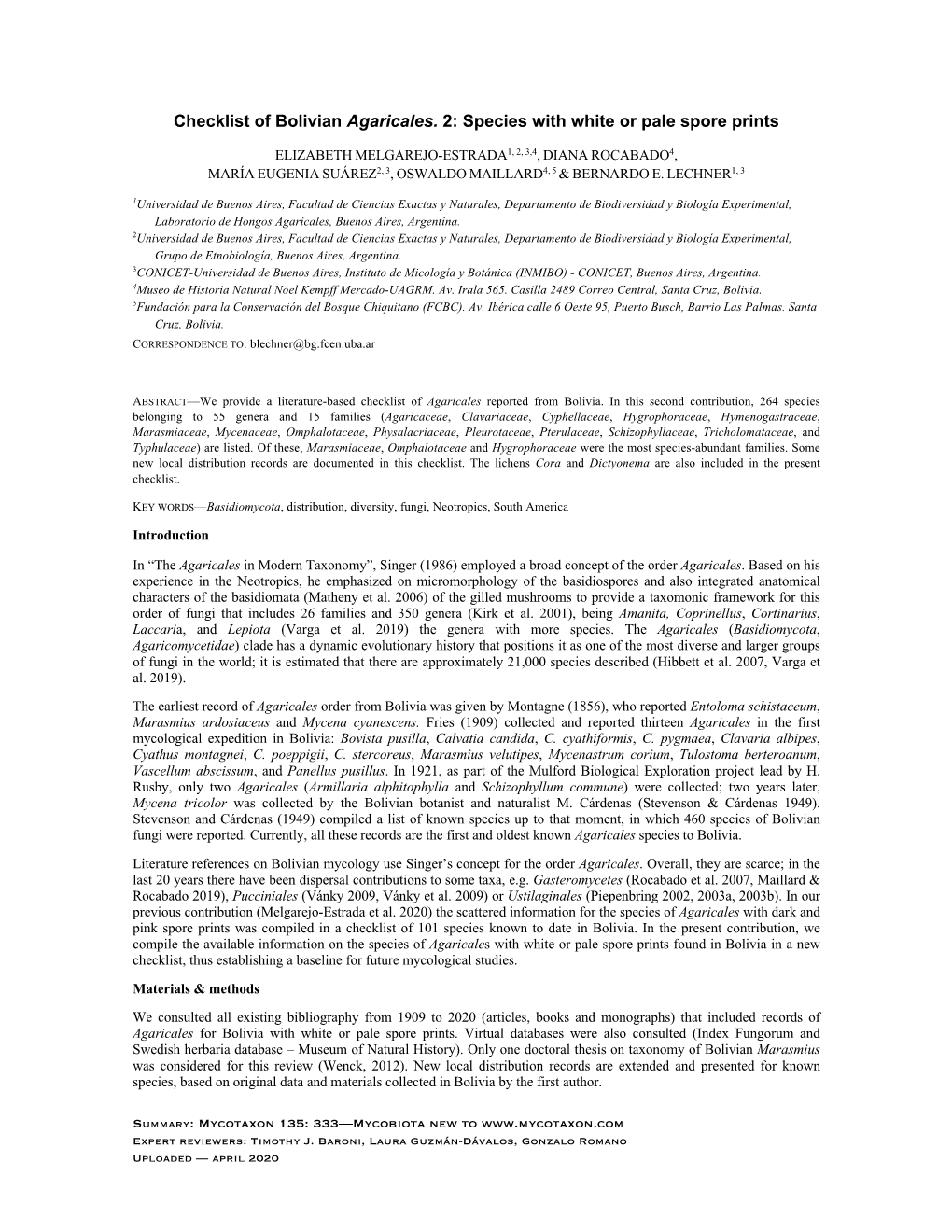 Checklist of Bolivian Agaricales 2