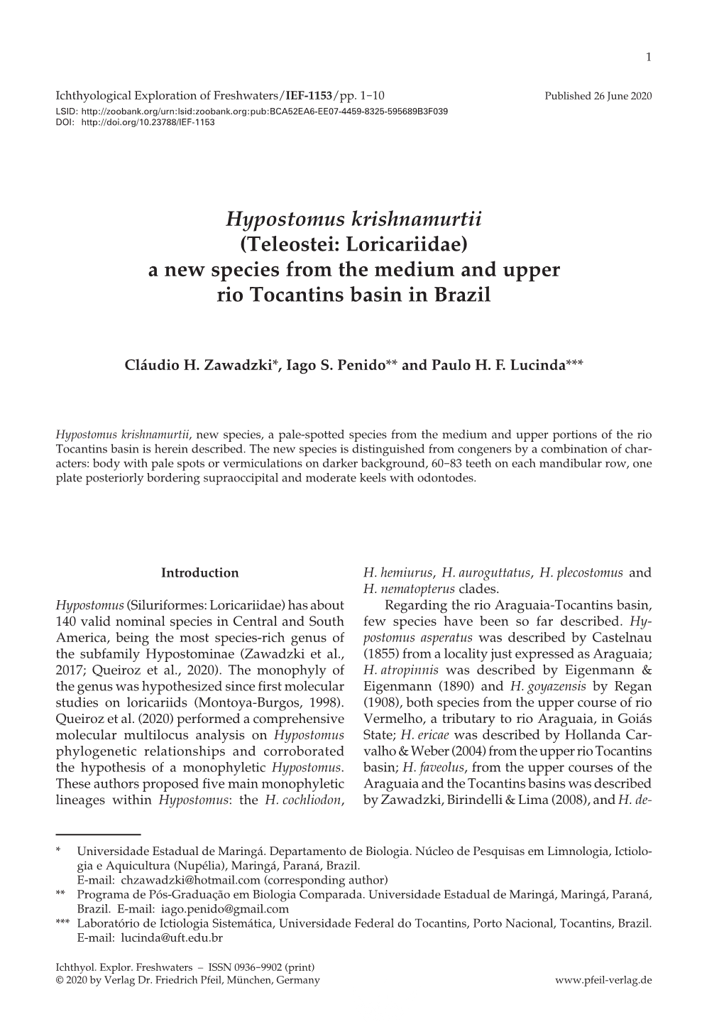 Hypostomus Krishnamurtii (Teleostei: Loricariidae) a New Species from the Medium and Upper Rio Tocantins Basin in Brazil