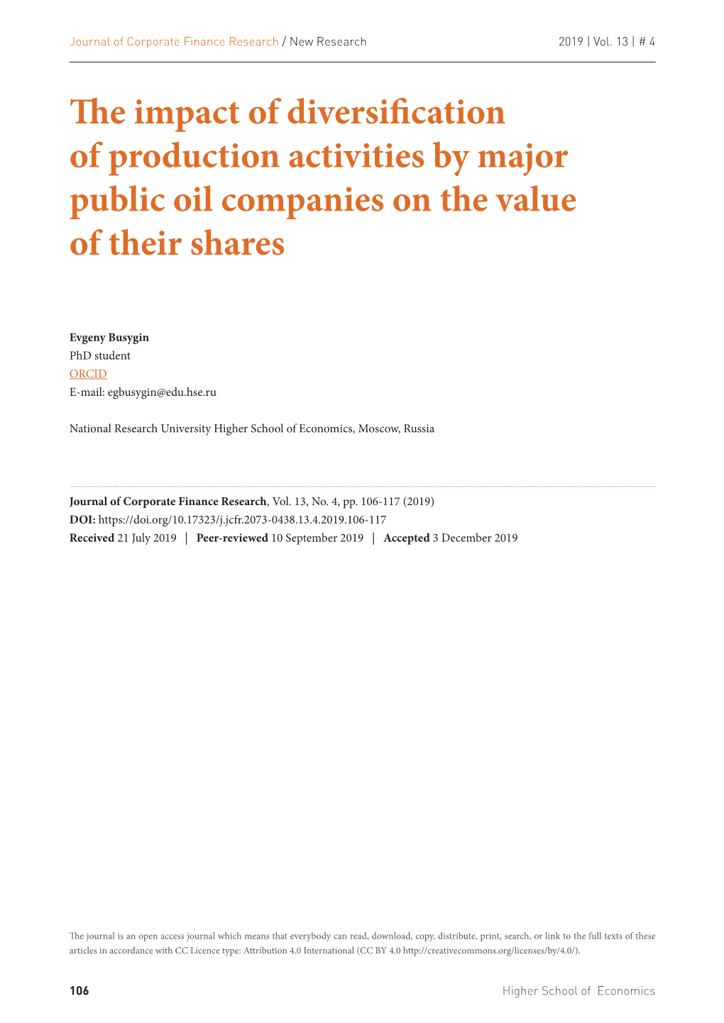 The Impact of Diversification of Production Activities by Major Public Oil Companies on the Value of Their Shares