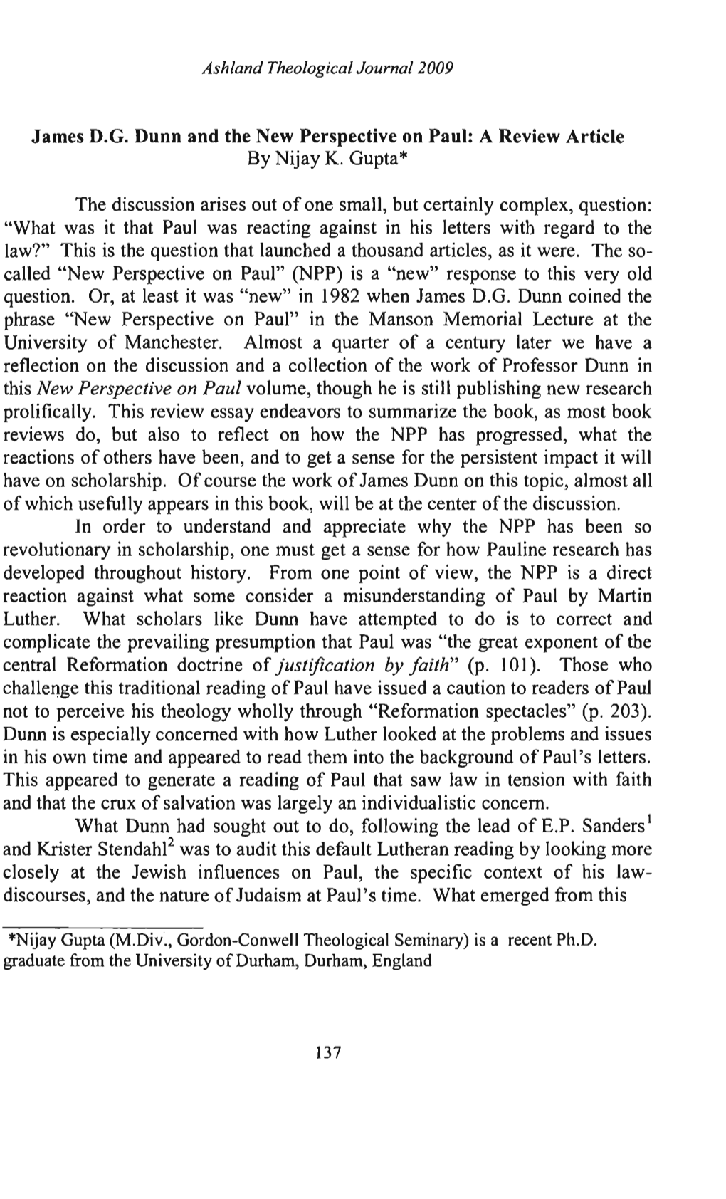 James D.G. Dunn and the New Perspective on Paul: a Review Article by Nijay K