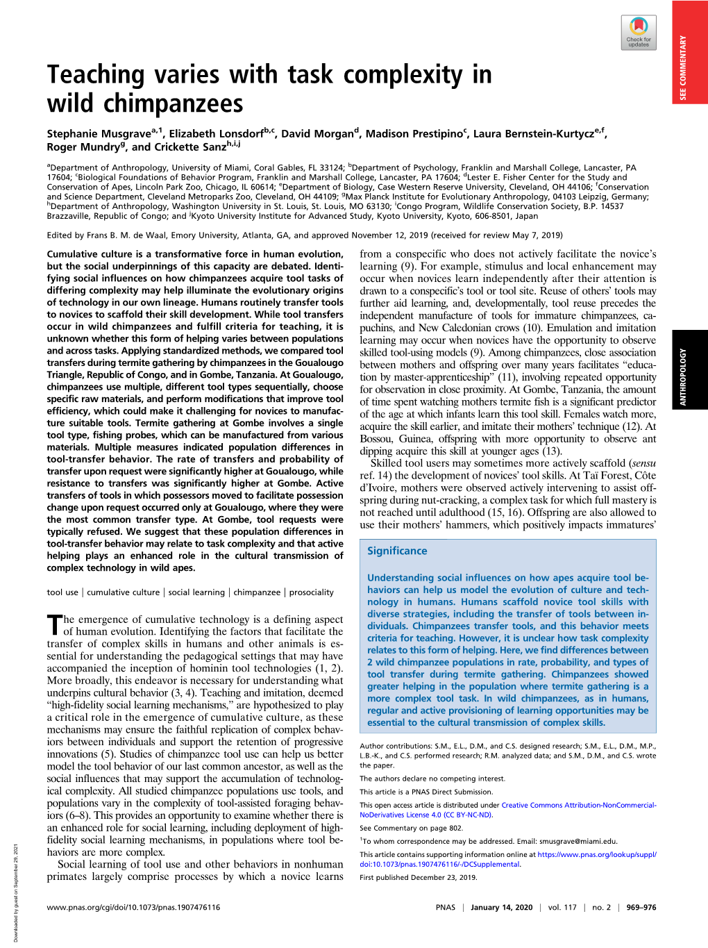 Teaching Varies with Task Complexity in Wild Chimpanzees SEE COMMENTARY