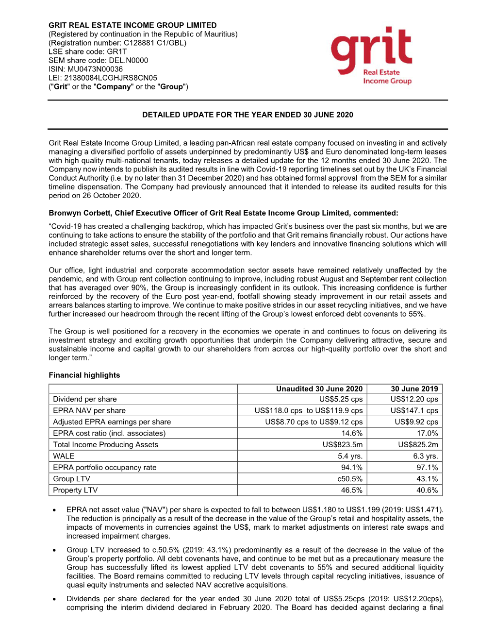 DETAILED UPDATE for the YEAR ENDED 30 JUNE 2020 Grit Real