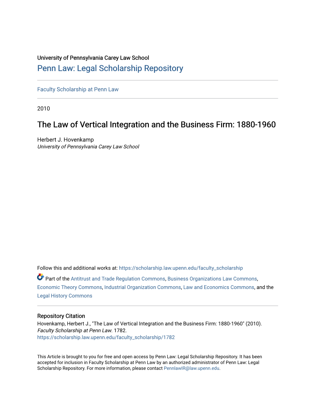 The Law of Vertical Integration and the Business Firm: 1880-1960