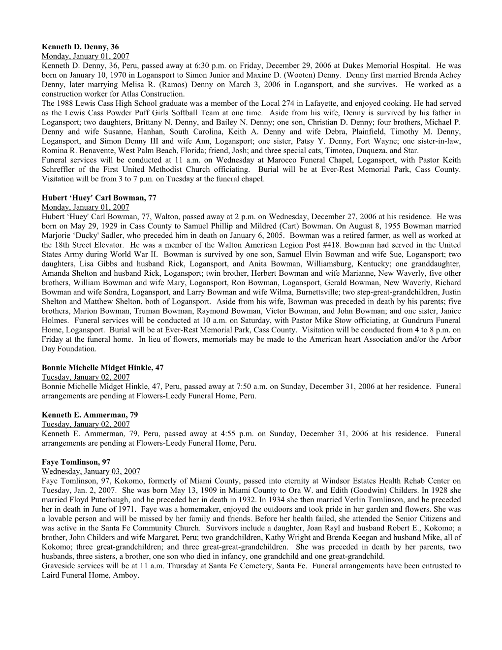 Peru Daily Tribune 2007 Obituaries